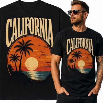 Koszulka męska „California” - retro zachód słońca z palmami nad oceanem