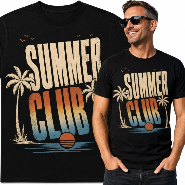 Koszulka męska „Summer Club” - retro palmy i zachód słońca nad morzem