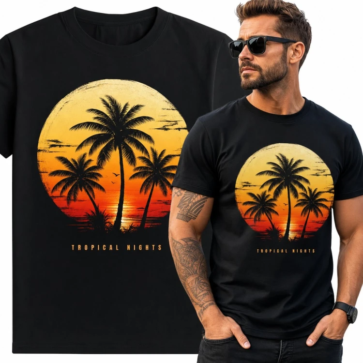 Koszulka męska z palmami i zachodem słońca „Tropical Nights”