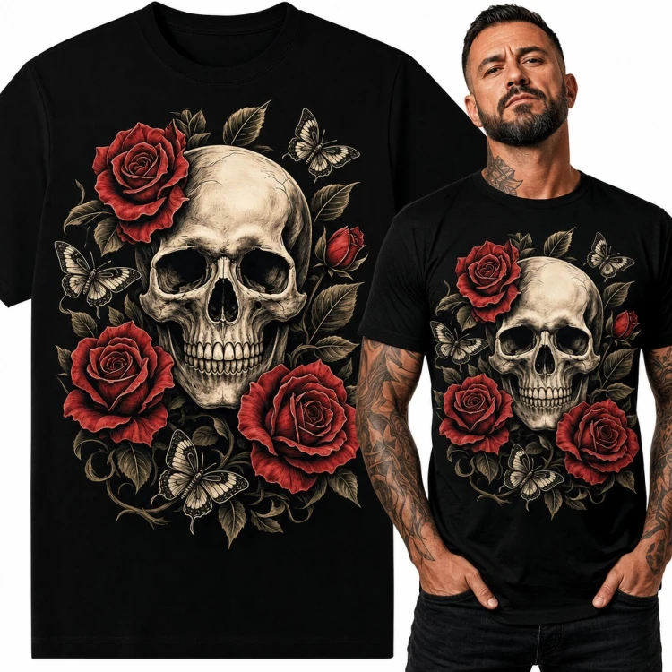 Koszulka męska czaszka w czerwonych różach z motylami
