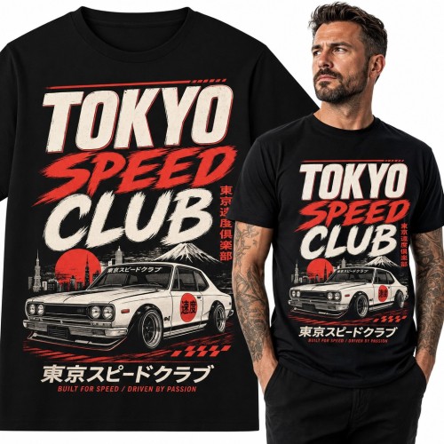 Koszulka męska „Tokyo Speed Club” - klasyczne auto JDM i góra Fuji