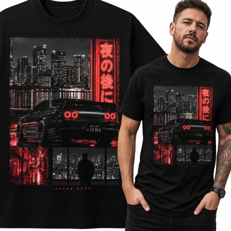 Koszulka męska JDM „After Dark” - japońskie auto w neonowym mieście nocą