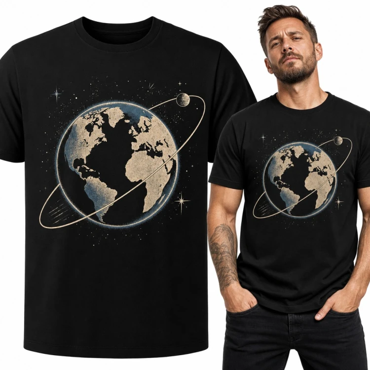 Koszulka męska z planetą Ziemią i orbitą Księżyca - kosmiczny motyw