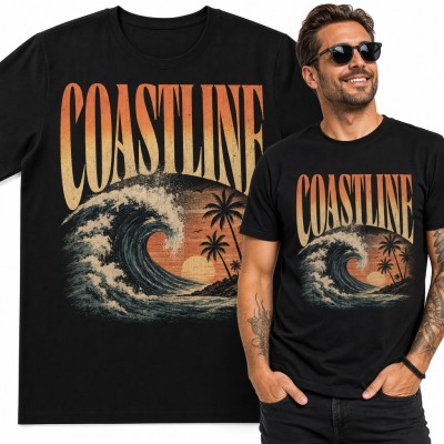 Koszulka męska „Coastline” - fala oceanu i palmy o zachodzie słońca