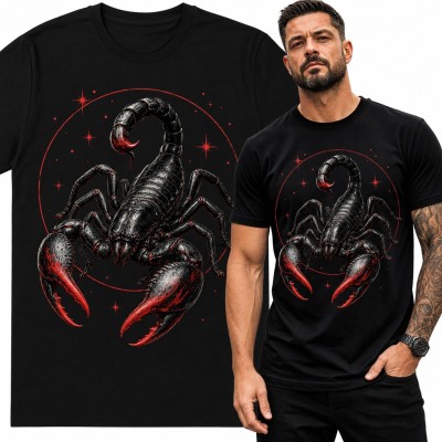 Koszulka męska ze skorpionem - znak zodiaku Skorpion w czerwonym kręgu gwiazd