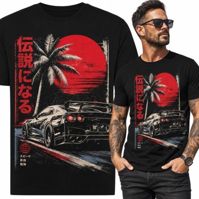 Koszulka męska JDM - japońskie auto sportowe i czerwone słońce z napisem „伝説になる”