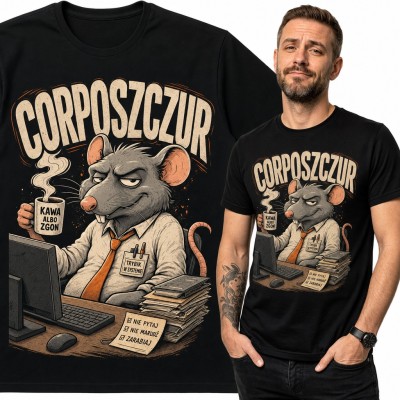 Koszulka męska „Corposzczur” - szczur w krawacie przy biurku z kawą