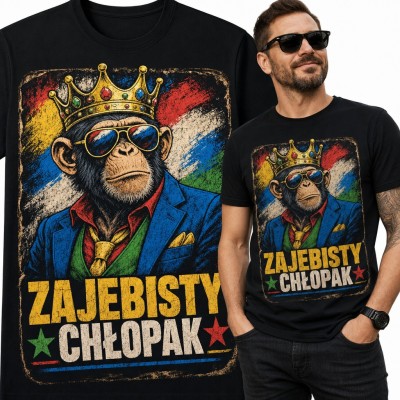 Koszulka męska „Zajebisty chłopak” - szympans w koronie i okularach