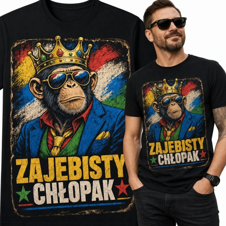 Koszulka męska „Zajebisty chłopak” - szympans w koronie i okularach