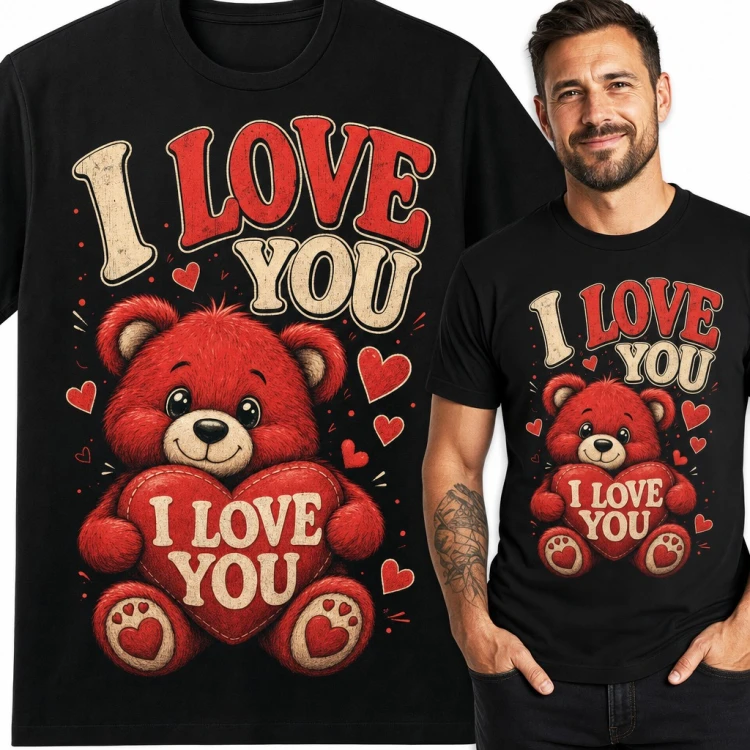 Koszulka męska „I love you” - czerwony miś z sercem na Walentynki