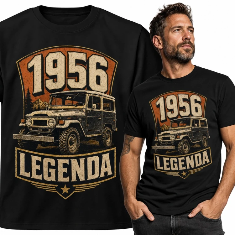 Koszulka męska na 70 urodziny „1956 Legenda” z retro terenówką 4x4