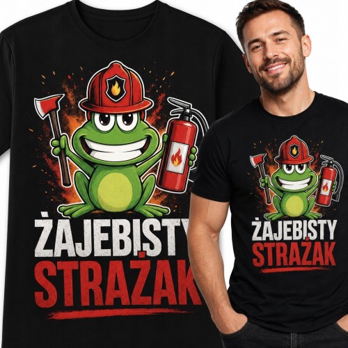 Koszulka męska ze strażacką żabą „Zajebisty strażak” - humor zawodowy