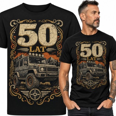Koszulka męska „50 lat” na 50 urodziny - terenówka 4x4 w górach