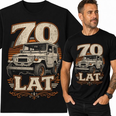 Koszulka męska „70 lat” z retro terenówką 4x4 na 70 urodziny