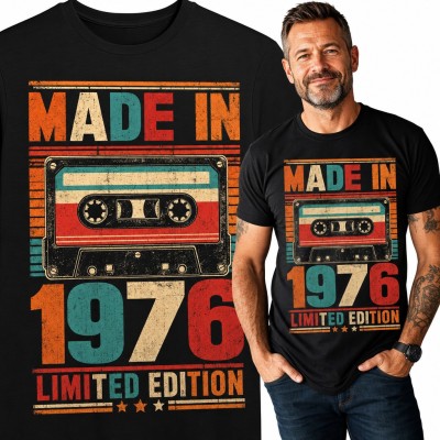 Koszulka męska na 50 urodziny „Made in 1976 Limited Edition” z kasetą retro