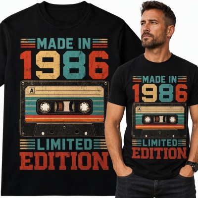 Koszulka męska na 40 urodziny „Made in 1986 Limited Edition” z retro kasetą