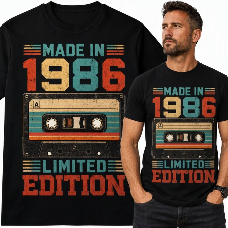 Koszulka męska na 40 urodziny „Made in 1986 Limited Edition” z retro kasetą