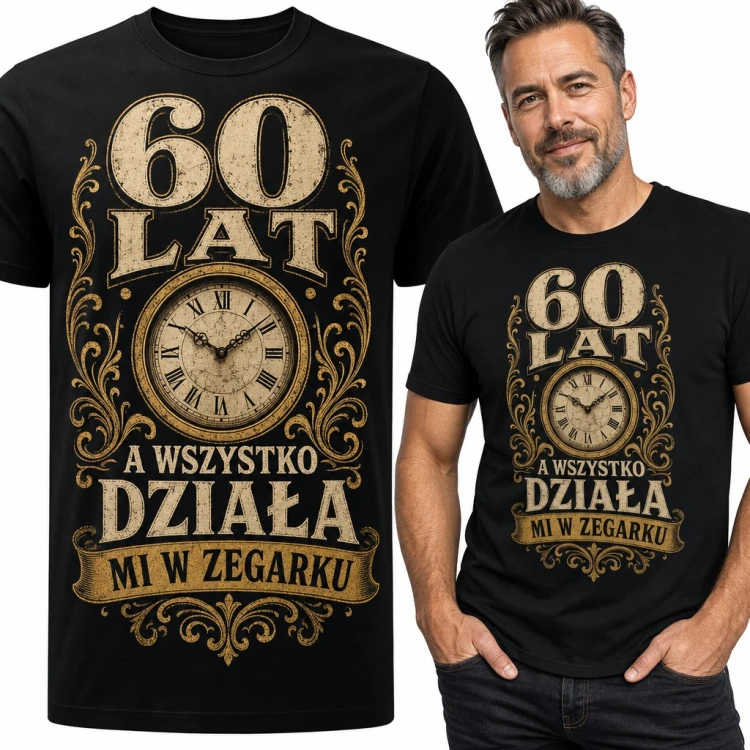 Koszulka męska na 60 urodziny z zegarem - „60 lat, a wszystko działa mi w zegarku”