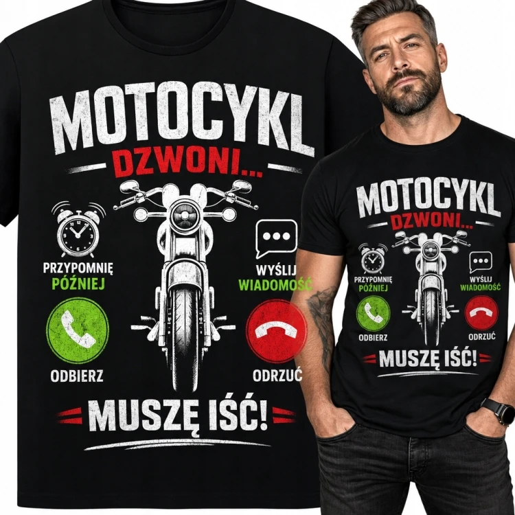 Koszulka męska z motocyklem „Motocykl dzwoni... muszę iść!” - humor dla motocyklisty
