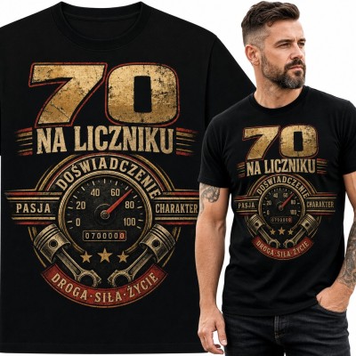Koszulka męska „70 na liczniku” - prędkościomierz i tłoki na 70 urodziny