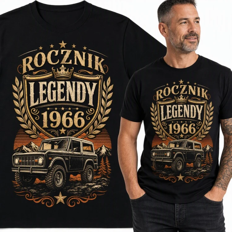 Koszulka męska na 60 urodziny „Rocznik legendy 1966” z terenówką retro