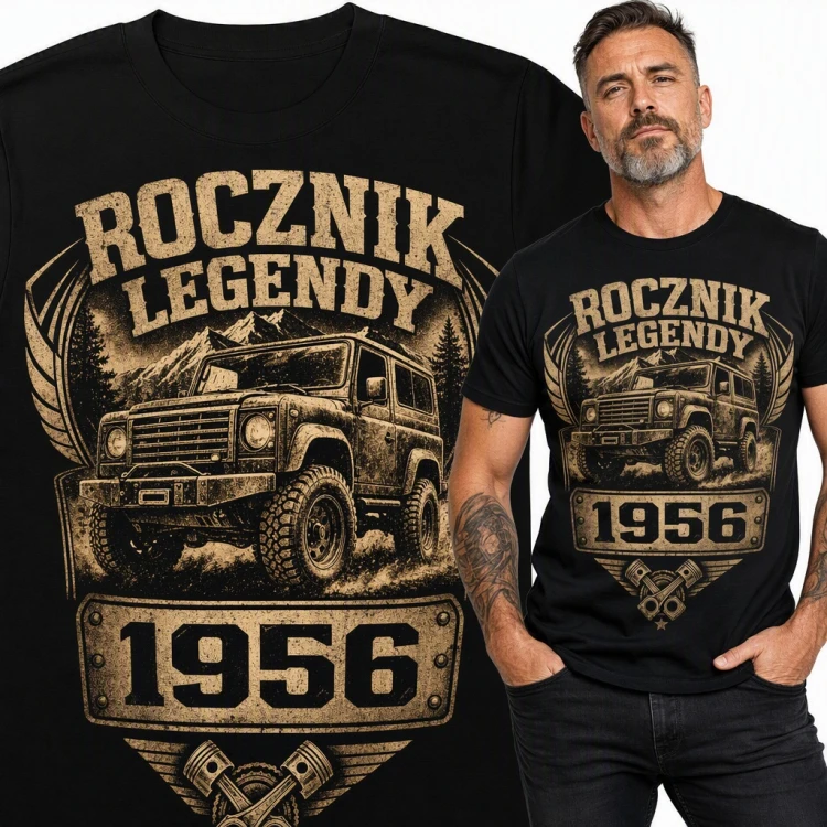 Koszulka męska „Rocznik legendy 1956” z terenówką na 70 urodziny