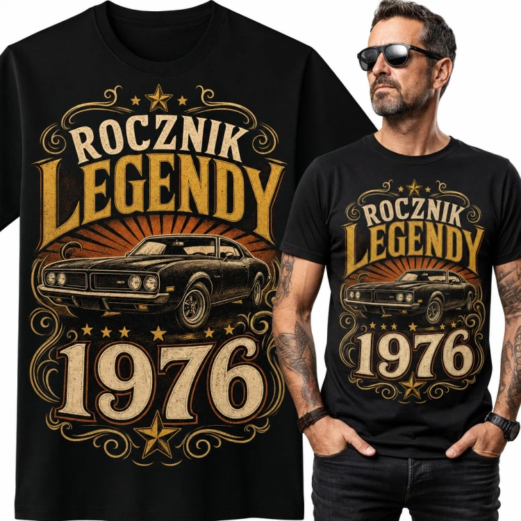 Koszulka męska na 50 urodziny „Rocznik legendy 1976” z samochodem retro