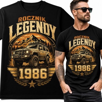Koszulka męska na 40 urodziny „Rocznik legendy 1986” - terenówka 4x4 w górach