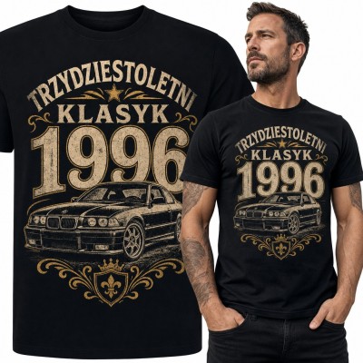 Koszulka męska „Trzydziestoletni klasyk 1996” na 30 urodziny z samochodem coupe