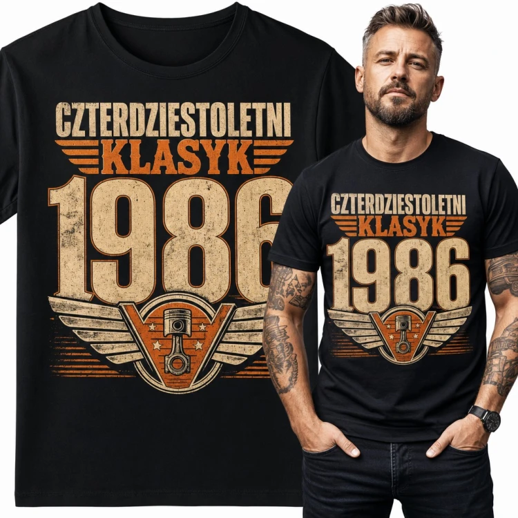 Koszulka męska na 40 urodziny „Czterdziestoletni klasyk 1986” - tłok i skrzydła retro