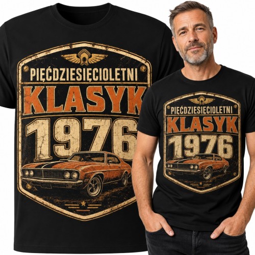 Koszulka męska na 50 urodziny „Pięćdziesięcioletni klasyk 1976” z muscle carem