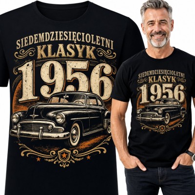 Koszulka męska „Siedemdziesięcioletni klasyk 1956” z autem retro na 70 urodziny