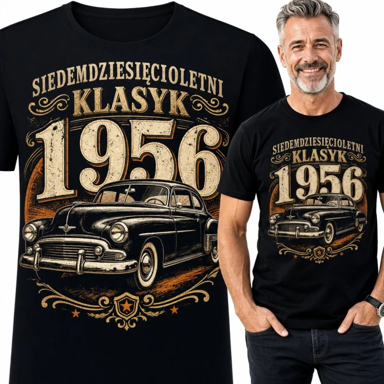 Koszulka męska „Siedemdziesięcioletni klasyk 1956” z autem retro na 70 urodziny