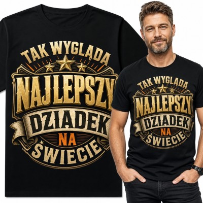 Koszulka męska z napisem „Tak wygląda najlepszy dziadek na świecie” - złoty emblemat z gwiazdami