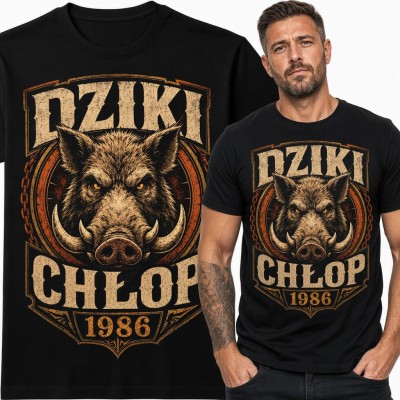 Koszulka męska „Dziki chłop 1986” - głowa dzika z kłami na 40 urodziny