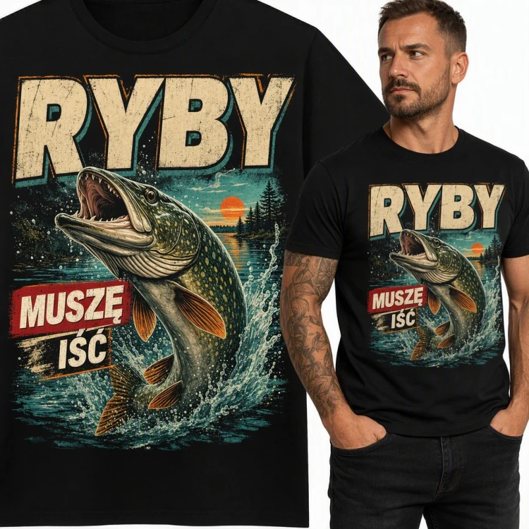 Koszulka męska „Ryby muszę iść” ze szczupakiem - dla wędkarza