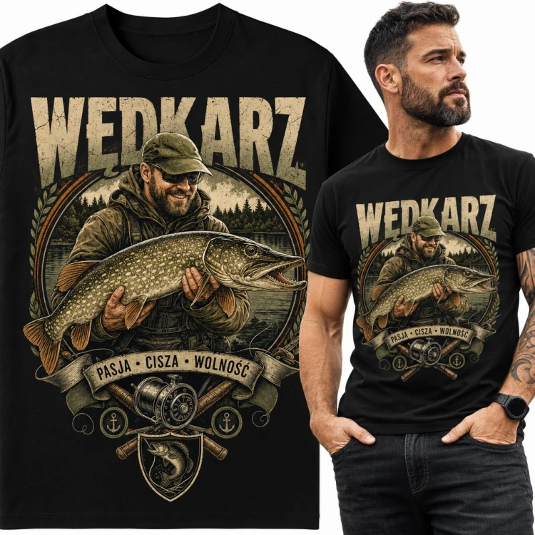 Koszulka męska „Wędkarz” ze szczupakiem i kołowrotkiem - Pasja, cisza, wolność