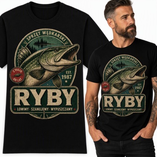 Koszulka męska „Ryby” - szczupak retro dla wędkarza