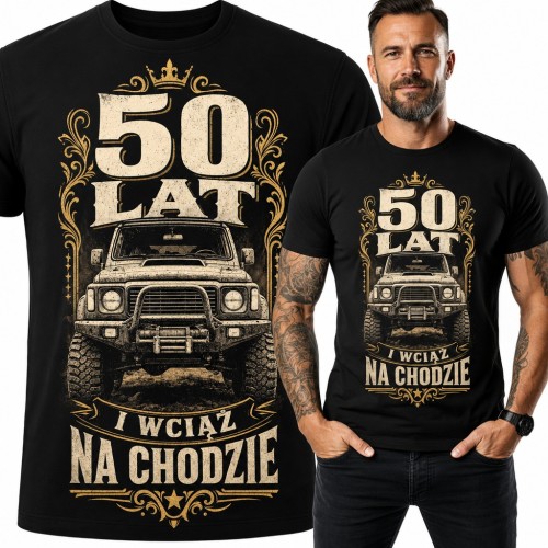 Koszulka męska „50 lat i wciąż na chodzie” - terenówka 4x4 na 50 urodziny