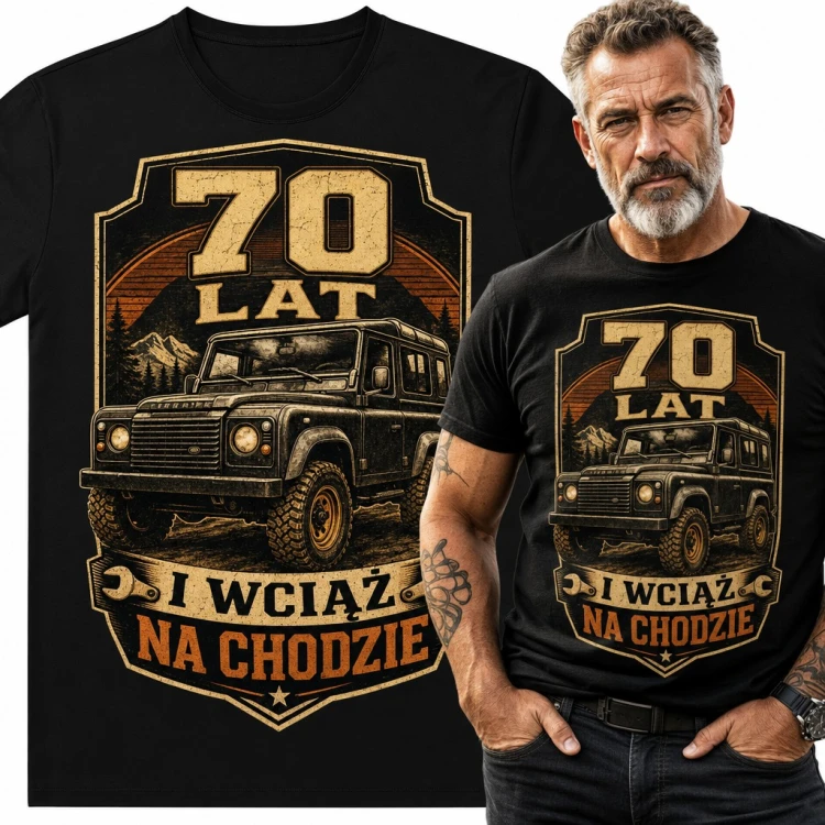 Koszulka męska na 70 urodziny „70 lat i wciąż na chodzie” z terenówką 4x4