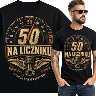 Koszulka męska na 50 urodziny „50 na liczniku” - prędkościomierz i tłok ze skrzydłami