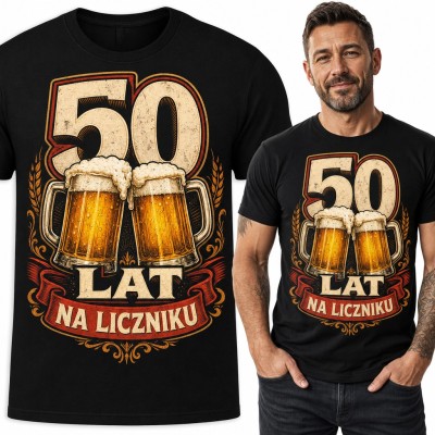 Koszulka męska „50 lat na liczniku” z kuflami piwa - na 50 urodziny