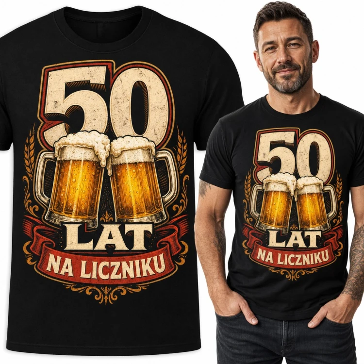 Koszulka męska „50 lat na liczniku” z kuflami piwa - na 50 urodziny