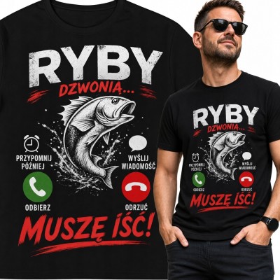 Koszulka męska dla wędkarza „Ryby dzwonią... muszę iść!” - humor wędkarski
