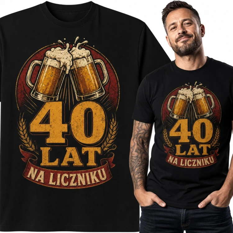 Koszulka męska na 40 urodziny „40 lat na liczniku” z kuflami piwa