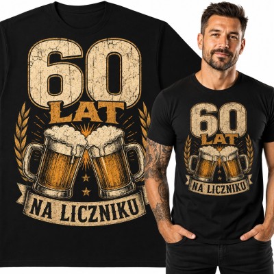 Koszulka męska na 60 urodziny „60 lat na liczniku” z kuflami piwa