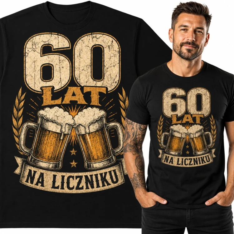 Koszulka męska na 60 urodziny „60 lat na liczniku” z kuflami piwa