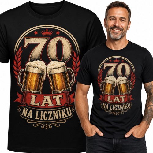 Koszulka męska na 70 urodziny „70 lat na liczniku” - kufle piwa
