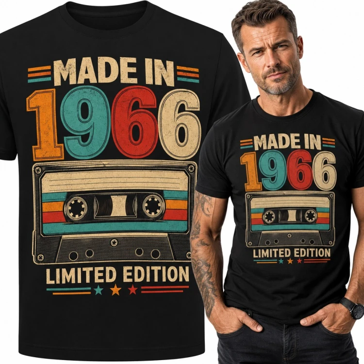 Koszulka męska „Made in 1966 Limited Edition” z kasetą retro na 60 urodziny