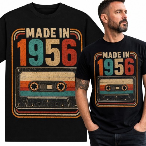 Koszulka męska „Made in 1956” na 70 urodziny - retro kaseta magnetofonowa